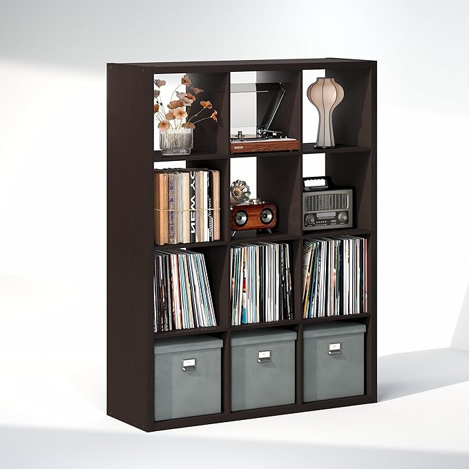 Furinno Cubicle Record Player Stand with Vinyl Storage, 12-Cube 1.2 Extra Thick Vinyl Record Storage, Open Back Media Shelf for CD DVD Blueray Game Disc, for Living Room, Home Office, Black Dark Oak
