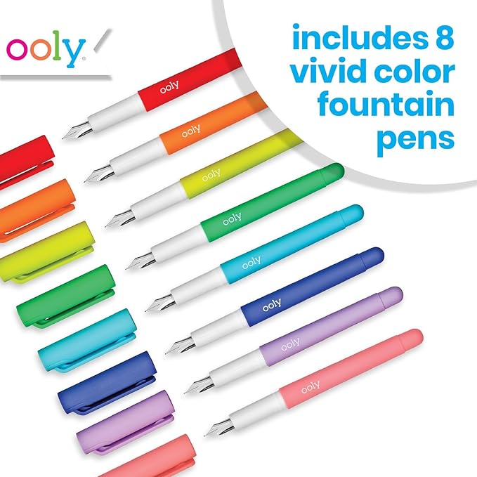 Ooly Color Write Colorful Fountain Pens, Pack of 8 Colored Ink Fountain Pens, Use Refillable Ink Cartridges, Fine Tip for Calligraphy Drawing, Handlettering, School Supplies