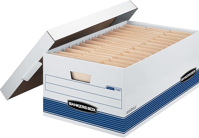 Bankers Box 0070205 STOR/FILE Storage Box, Legal, Locking Lid, White/Blue, 4/Carton