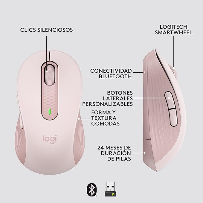 Logitech Signature M650 Wireless Mouse - for Small to Medium Sized Hands, 2-Year Battery, Silent Clicks, Customizable Side Buttons, Bluetooth, Multi-Device Compatibility - Rose (Renewed)