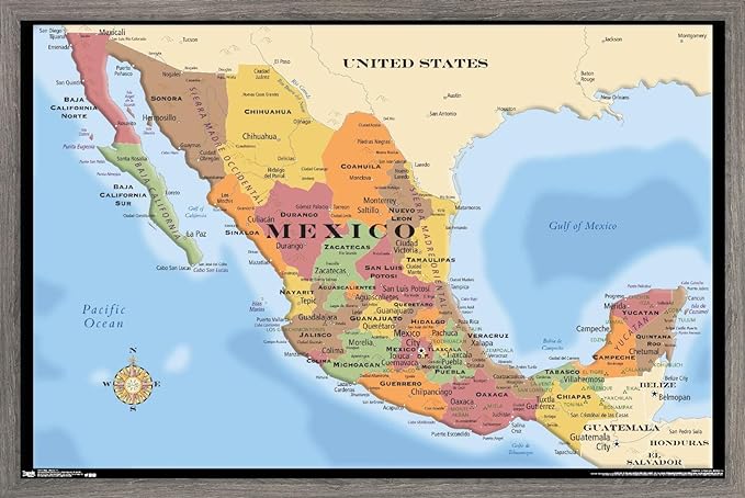 Trends International Map - Mexico Wall Poster, 22.375" x 34", Barnwood Framed Version