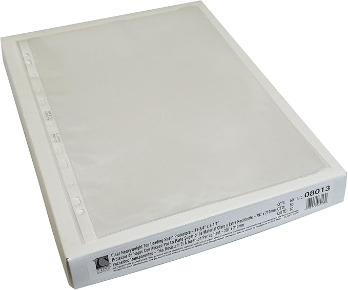 C-Line Top Loading Heavyweight Poly Sheet Protectors, Clear, A4 Size, 11.75 x 8.25 Inches, 50 per Box (08013)