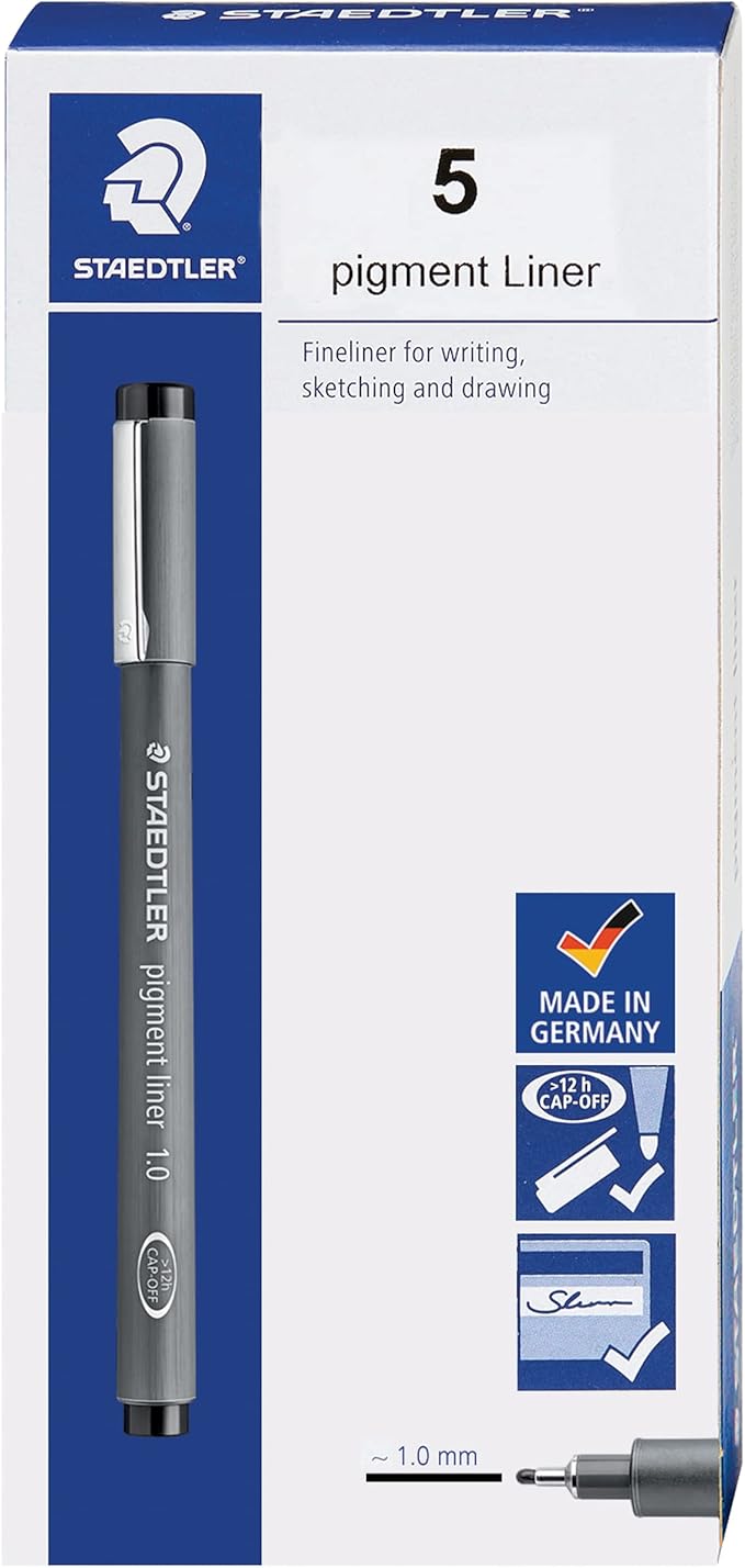 Staedtler Pigment Liner, Fineliner Pen for Drawing, Drafting, Journaling, 1.0mm, Black, Box of 5 Pens, 308 10-9