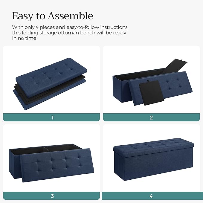 SONGMICS 43 Inches Folding Storage Ottoman Bench, Set of 2, Storage Chest, Foot Rest Stool, Bedroom Bench with Storage, Dark Blue, ULSF432Q01