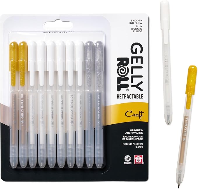 SAKURA Gelly Roll Retractable Gel Pens Colored - Opaque Color Set - Art Gifts, Holiday Gifts & DIY Projects - Medium Point Ink Pen - With White, Gold & Silver Ink - 10 Pack