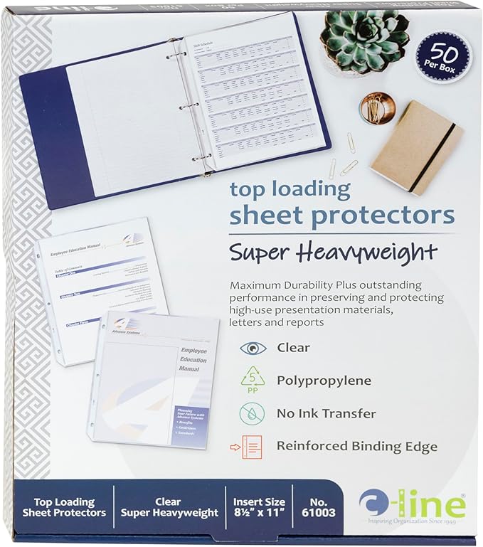C-Line Top Loading Super Heavyweight Poly Sheet Protectors, Clear, 11 x 8.5 Inches, 50 per Box (61003)