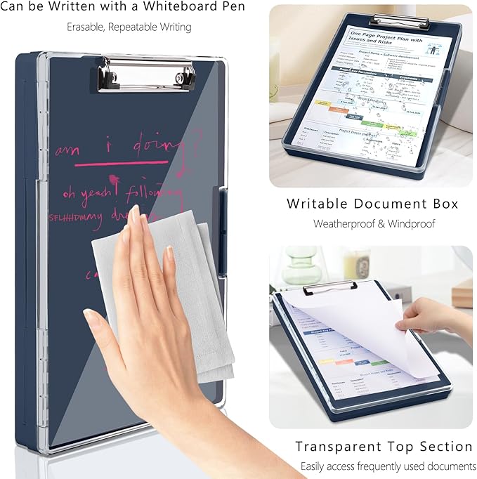 SFLHHDM Clipboard with Storage,Heavy Duty Clip Boards 8.5x11 with 2 Storage Case,Clear Visible Panel Storage Clipboards,Side Opening Nursing Clipboard Folder for Office Supplies-Grey Blue