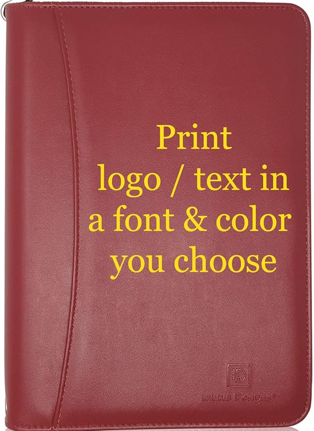 Customized Junior Zippered Leather Padfolio - Name/Logo Printed on Burgundy PU Leather Portfolio Binder & Organizer Folder with 8 Inch Tablet Sleeve & with Junior Legal Notepad