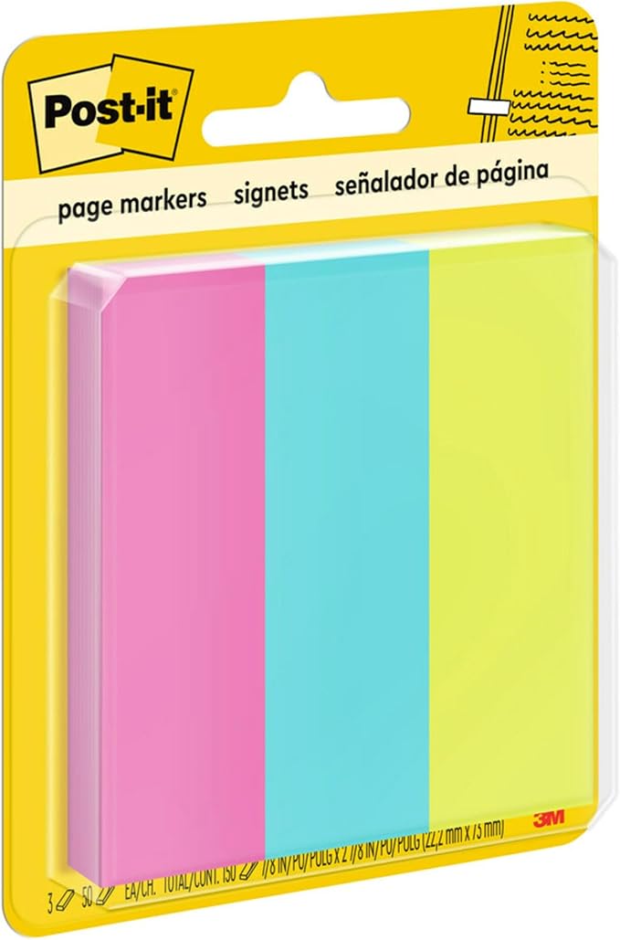 Post-it Sticky Page Markers, Assorted Bright Colors, 7/8″ x 2-7/8″ Repositionable Tabs, Writable Sticky Strips for Books & Documents, 3 Pads (50 Sheets Each), 150 Markers Total