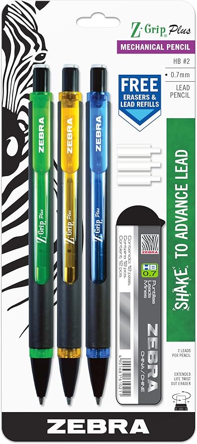 Zebra Pen Z-Grip Plus Mechanical Pencil, 0.7mm, with Lead and Erasers, Assorted Barrel Colors, Green, Yellow, Blue, 3-Pack (55403)