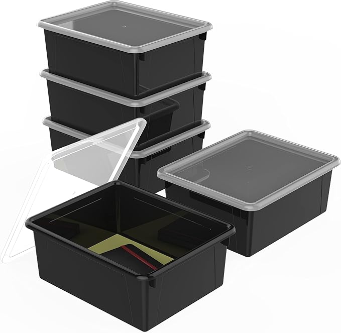 Storex Letter Size Deep Storage Tray – Organizer Bin with Non-Snap Lid for Classroom, Office and Home, Black, 5-Pack (62543A05C), 10 x 13 x 5 Inches