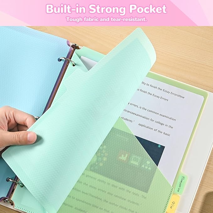 SUIN 8 Tab Binder Dividers with Pockets - Heavy Duty Plastic Dividers for 3 Ring Binder, Letter Size Poly Page Separators with Tabs & Label Stickers, Diamond Texture, 8 Pastel Colors, 1-Pack