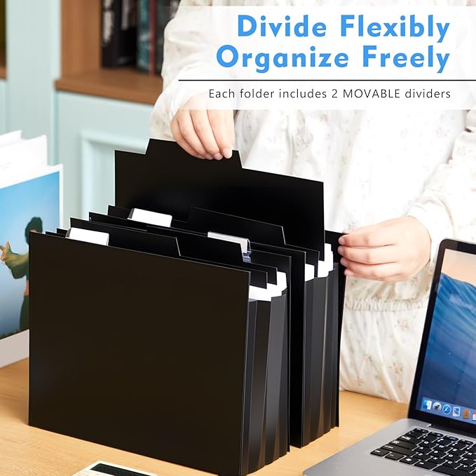 10 Pcs Plastic Extra Capacity Hanging File Folders, 5 Inch Expanding Pocket with Movable Dividers, Letter Size Black File Folders with Insertable Tabs for Filing Cabinet