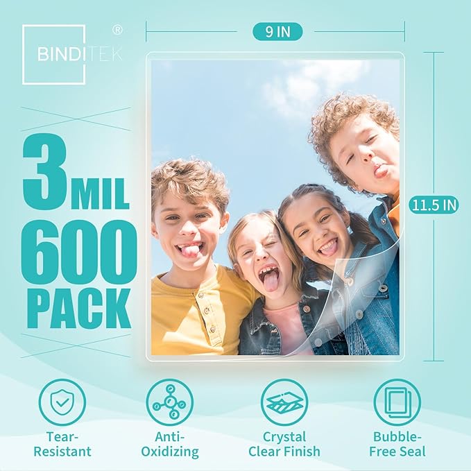 Binditek 600 Pack 3 Mil Thermal Laminating Pouches, 9x11.5 Inches Laminating Sheets, for Letter Size, Ultra Clear, Glossy, Hold 8.5x11 Inches, Heat Seal, Office School Supplies