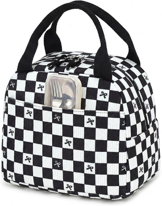 LEDAOU Lunch Box for Women Insulated Lunch Bag Corduroy Lunch Tote Bags Leakproof Cooler Lunch Case for Travel Work Picnic (Black Checkered Bow)