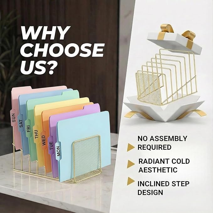 Simmer Stone 2 pcs Incline File Sorter, 7 Slot Magazine Holder for Letter, Document, Folder and Book, Metal Desktop Organizer Rack for Home, School and Office (2-gold)