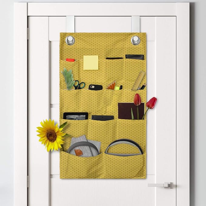 Ambesonne Brick Hanging Pocket Organizer, Illustration of Classic Basic Mini Rectangles Symmetrically Arranged, Printed Polyester Storage Bag with Pockets, 21" x 31", Earth Yellow Pale Coffee