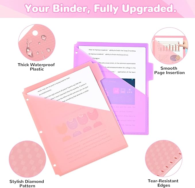 SUIN 5-Tab Binder Dividers with Pockets - Heavy Duty Plastic Dividers for 3 Ring Binder, Letter Size Poly Page Separators with Tabs & Label Stickers, Diamond Texture, 5 Pastel Colors, 1-Pack