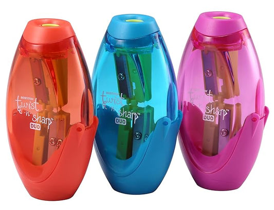 Bostitch Office Pencil Sharpener, Manual, Twist-n-Sharp with Shavings Tray, Kids, Boys, Girls, Colored Pencils, 3-Pack, Blue, Orange, Pink