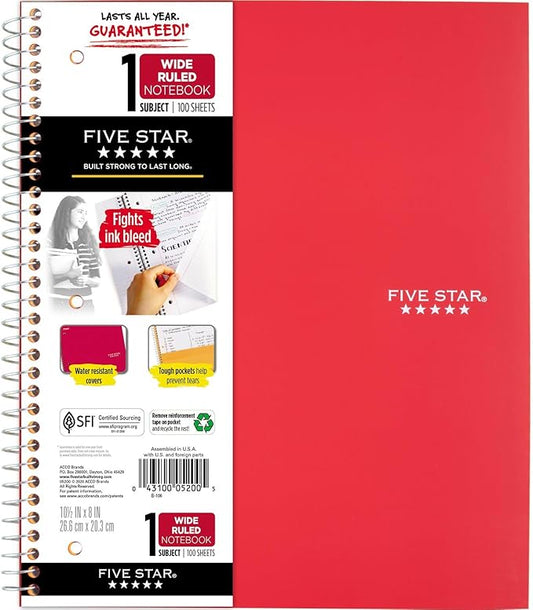 Five Star Spiral Notebook + Study App, 1 Subject, Wide Ruled Paper, 8" x 10-1/2", 100 Sheets, Fights Ink Bleed, Water Resistant Cover, Fire Red (72017)