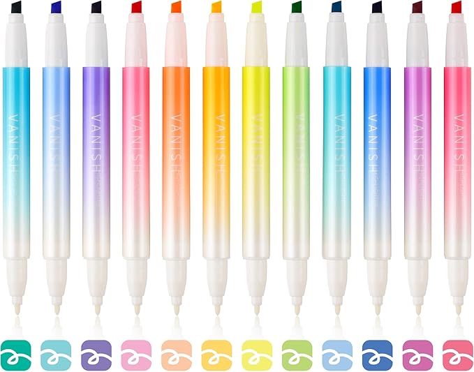 Erasable Highlighters Assorted Colors 12 Pack, Dual Tip Erasable Markers Pens, Chisel Tip Smooth Writing Highlighters Journaling Supplies Planner Accessaries