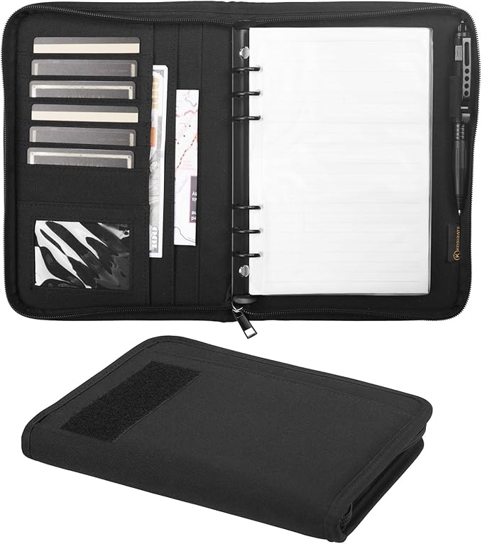 Kosibate Tactical Notebook Padfolio Ring Binder with 80 Sheets, Tactical Binder Zippered for Folders, Cards Refillable 6-Ring Notepad,Army Military Waterproof Notebook Cover(Black,7.3"x10.1")