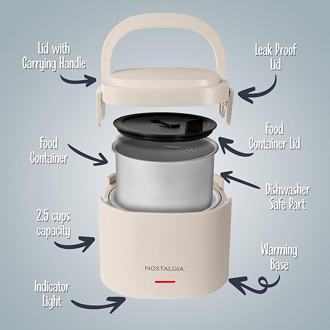 Nostalgia Portable Heated Lunch Box – 2.5-Cup Stainless Steel Food Warmer – Detachable Cord, Leak-Proof Lid, Carry Handle – Portable for Work & Travel – Oatmeal
