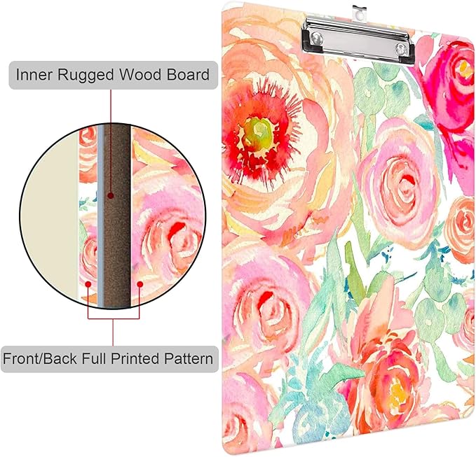 Fashion Clipboard, A4 Letter Size Wooden Decorative Clipboards for Teacher, Nurse, Doctor,Student and Kids, Cute Design for Standard Size 12.2" x 8.9" (C-Pretty Floral)