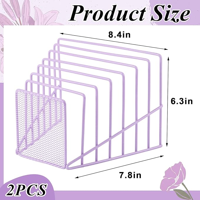 2 Pcs 7 Section Wire File Organizer for Desk, Metal Mesh Incline File Holder, Letter & Magazine Folder Rack, Desktop Paper Sorter for Home Office School (Purple)