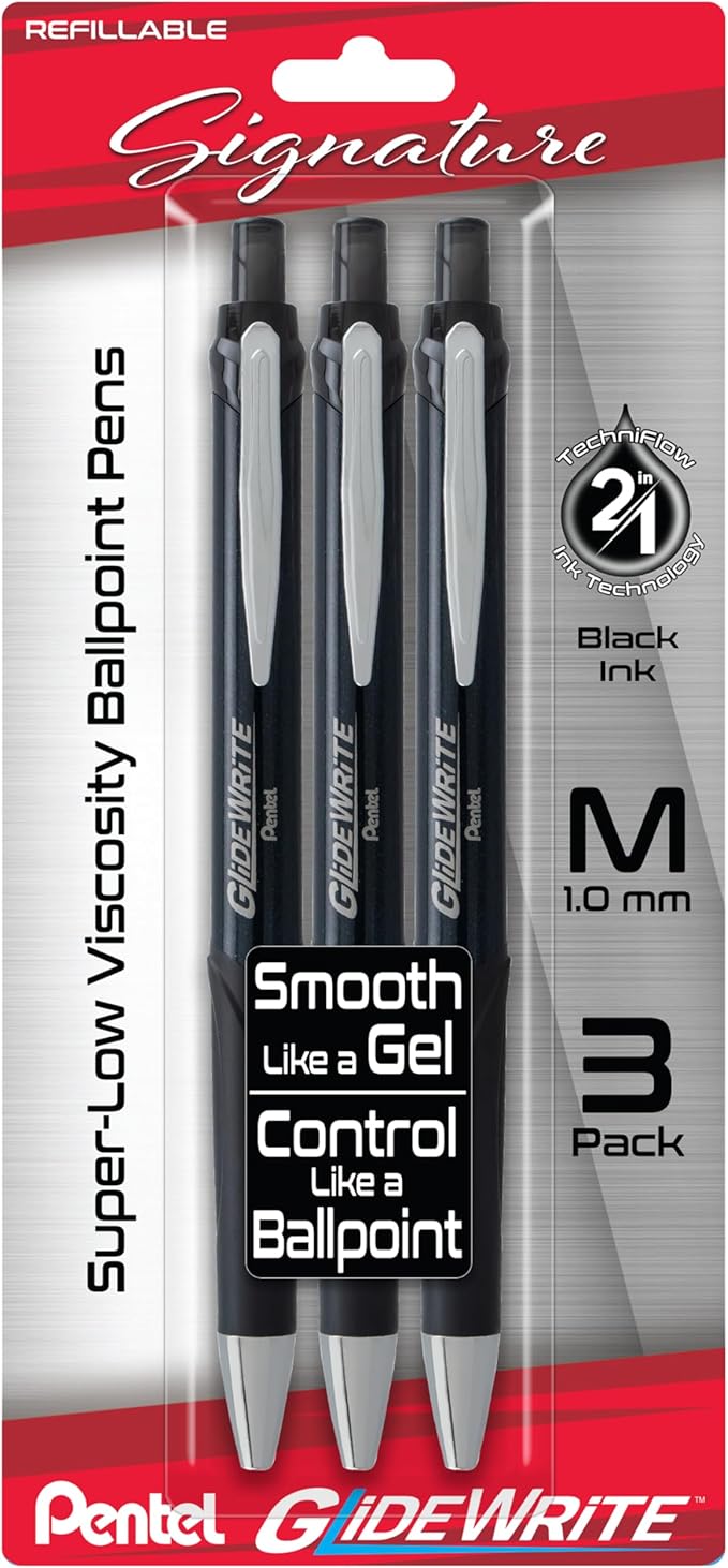 Pentel Glidewrite Signature Ballpoint Pen, (1.0mm) Medium, Black Barrel, Black Ink, Pack of 3 (BX930ABP3A)