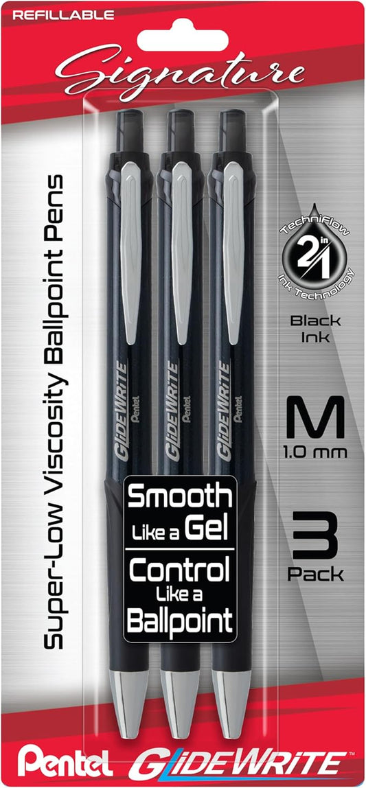 Pentel Glidewrite Signature Ballpoint Pen, (1.0mm) Medium, Black Barrel, Black Ink, Pack of 3 (BX930ABP3A)