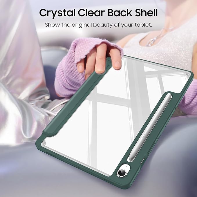 Fintie Hybrid Slim Case for Samsung Galaxy Tab S10 Lite/ S10 FE/ S9 FE 10.9 Inch/Tab S9 11 Inch with S Pen Holder, Shockproof Cover with Clear Transparent Back Shell, Auto Wake/Sleep, Midnight Green
