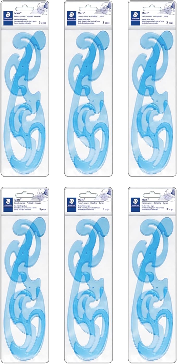 STAEDTLER Mars Professional French Curve Design Ruler Set for Pattern Making 6-Pack (6 Sets of 3 pcs), 3 Essential A B C Shapes, Blue Transparent Plastic with Inking Edge, 18 Count