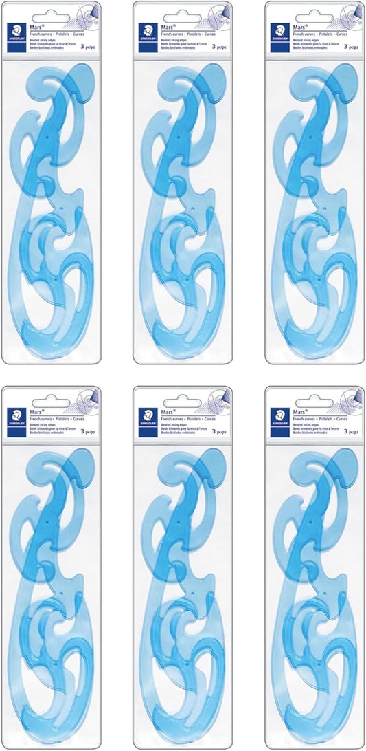 STAEDTLER Mars Professional French Curve Design Ruler Set for Pattern Making 6-Pack (6 Sets of 3 pcs), 3 Essential A B C Shapes, Blue Transparent Plastic with Inking Edge, 18 Count