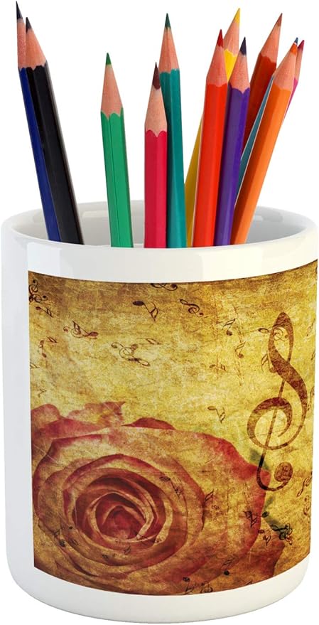 Ambesonne Rose Pencil Pen Holder, Old Fashioned Design with a Big Rose and Treble Clefs Music Notes Harmonical Concept, Printed Ceramic Pencil Pen Holder for Desk Office Accessory, Cream Red