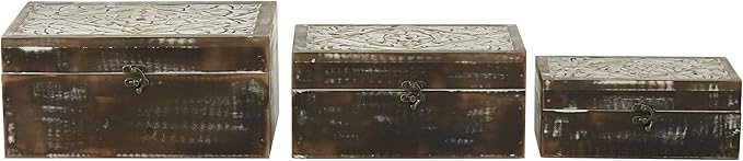 Deco 79 Wood Floral Handmade Decorative Box Decorative Keepsake Boxes with Hinged Lid, Set of 3 Storage Boxes 12", 11", 9"W, Brown