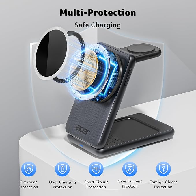 Acer 3 in 1 Charging Station for iPhone, Wireless Charger Stand,15W Fast MagSafe Charger for iPhone 17 16 15 14 13 12 Series-Apple Watch 10 9 8 7 6 5 4 3 2 SE and Ultra Series-Airpods 4 3 2 Pro Series