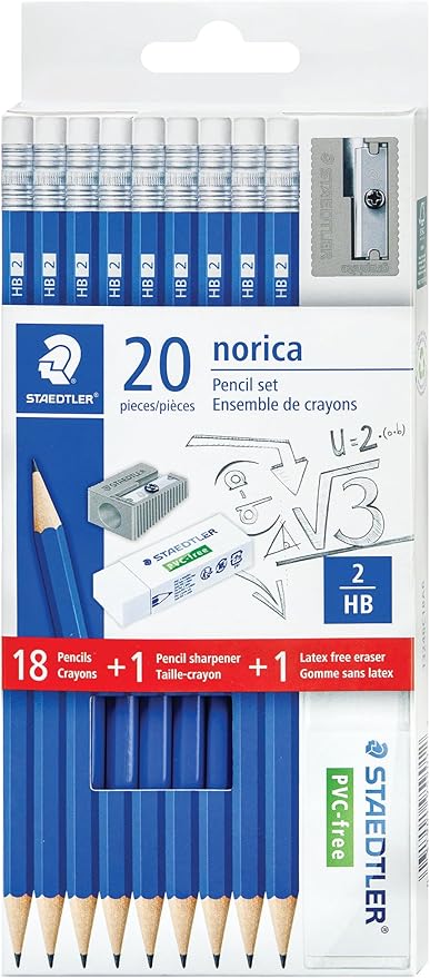 STAEDTLER Norica Pencil Set: 18 Pre-sharpened #2 HB Pencils with 1 Eraser & 1 Sharpener, Break-Resistant Lead