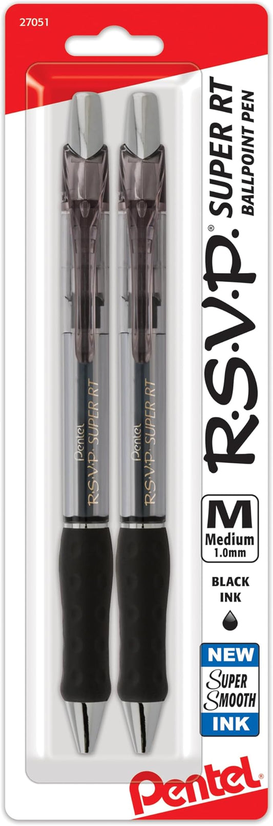 Pentel RSVP Super RT Ballpoint Pen, (1.0mm) Medium Line, Black Ink, Pack of 2 (BX480BP2A)