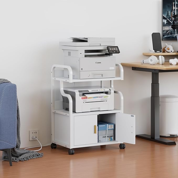 VECELO Large Printer Stand with Power Outlet, 3-Tier Rolling File Cabinet with Lockable Wheels, Heavy Duty Utility Table for Home Office, 18.9"x23.6"x30.2", White