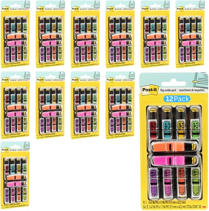 Post-it Flags 684-SHVA, 0.47in Wide, Asstd Colors - 12 Pack