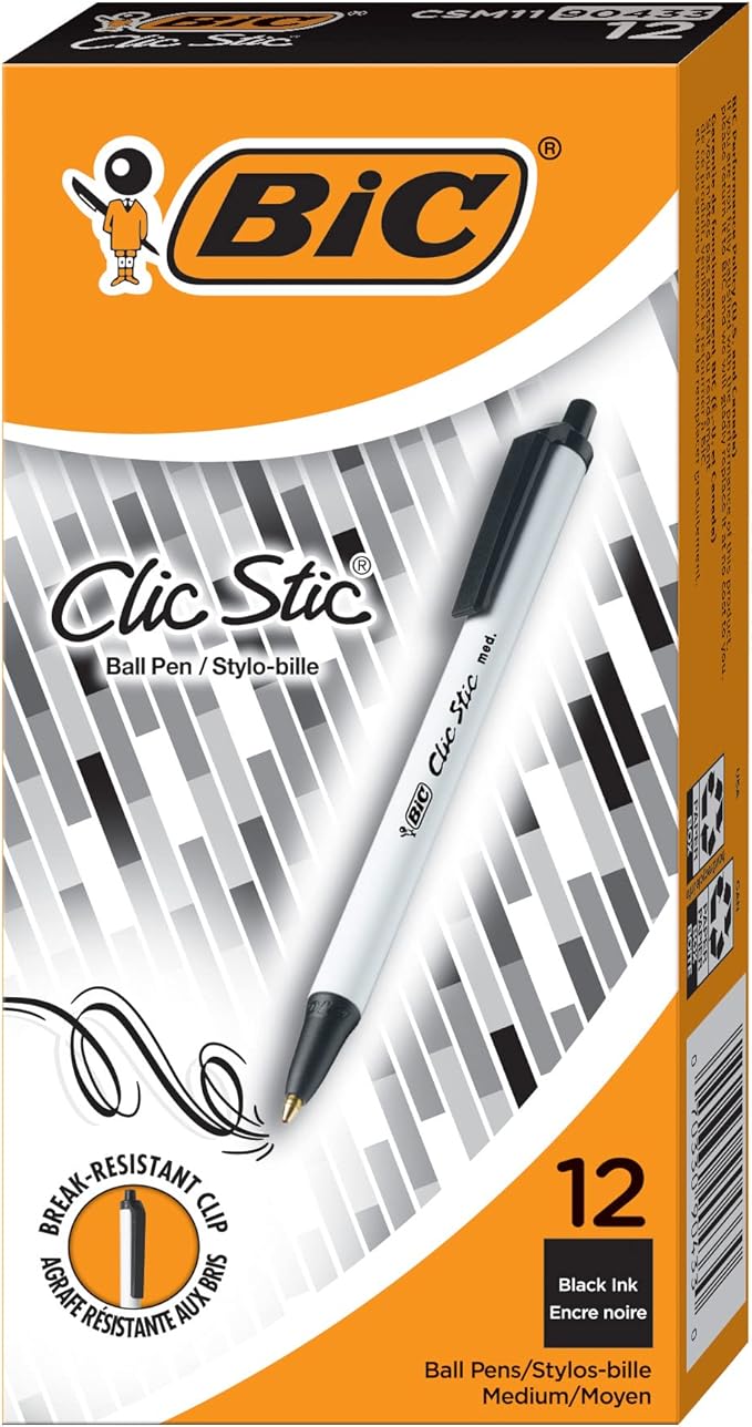 BIC Clic Stic Black Retractable Ballpoint Pens, Medium Point (1.0mm), 12-Count Pack, Round Barrel Design for Comfortable Writing