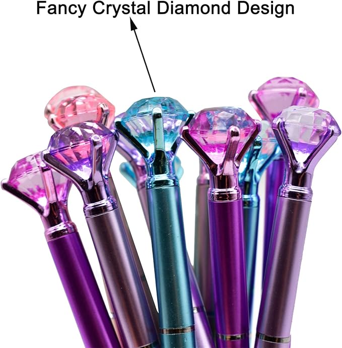 Maydahui 12 PCS Big Diamond Retractable Ballpoint Pen with 12 PCS Pen Refills Gem Pens Rhinestones Crystal Bling Plated Metal Color Black Gel Ink Ballpen for Women Students Girls