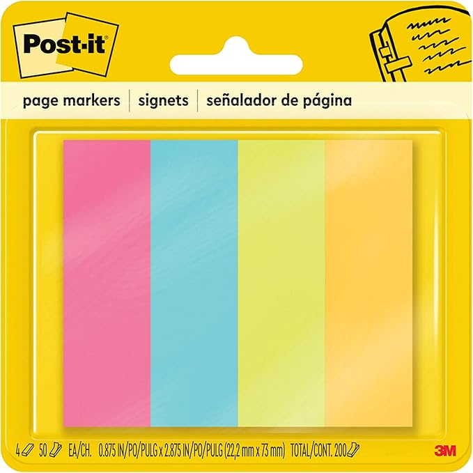 3M 6714AU Post-It Page Markers, Assorted Brights, 50 Strips/Pad, 4 Pads/Pack (36 Pack)