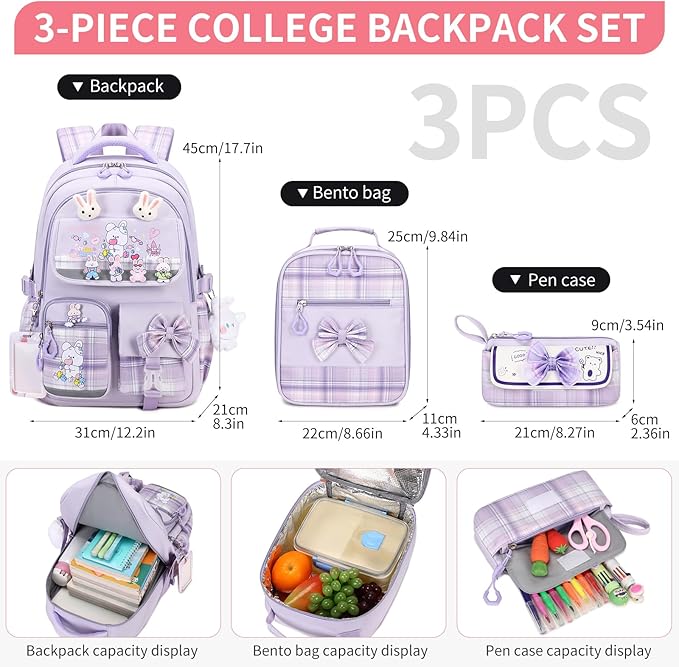 Girls Backpack 3pcs School Backpack with Lunch Box Teen Girl Backpack Set Cute Kids School Bag Bookbag for Teen Girls