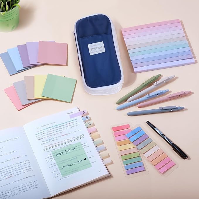 49Pcs Book Annotation Kit - Aesthetic School Supplies with Cute Pen Case Highlighters Gel Pens and Marker, Sheets Transparent Index Tabs Sticky Notes Bible Study Supplies(Dark Blue)