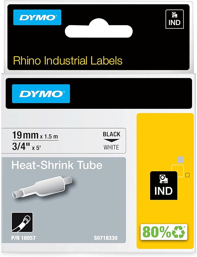 DYMO Rhino Industrial Heat-Shrink Labels, 3/4" Tube, Black Print on White