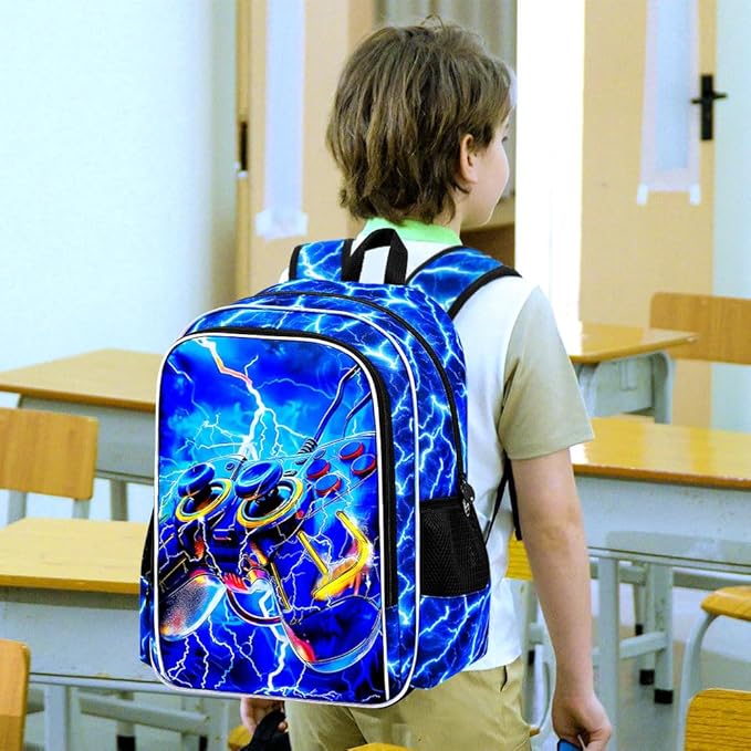 KLFVB 3PCS School Backpack for Kids, 17" Boys Game Bookbag and Lunch Box, Water Resistant Teenagers Backpacks for Middle Elementary - Lightning Game