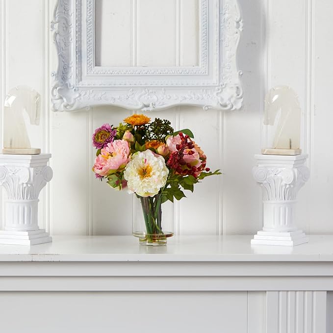 Nearly Natural Mini Artificial Peony Floral Arrangement, Faux Flowers for Table Shelf Decor, Assorted Colors