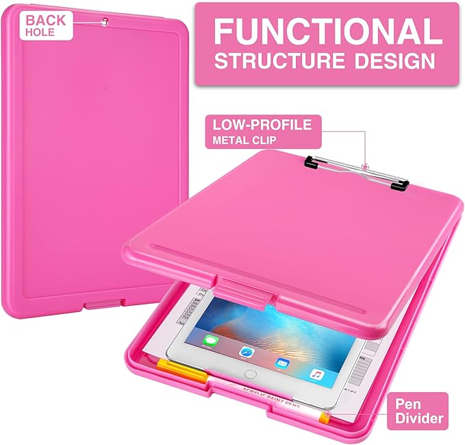 Sooez Clipboard with Storage, Plastic Storage Clipboards with Low Profile Clip, Nursing Clip Boards Foldable, Hanging Clipboard Case for Work, Teacher, Classroom Must Haves, Office School Supplies